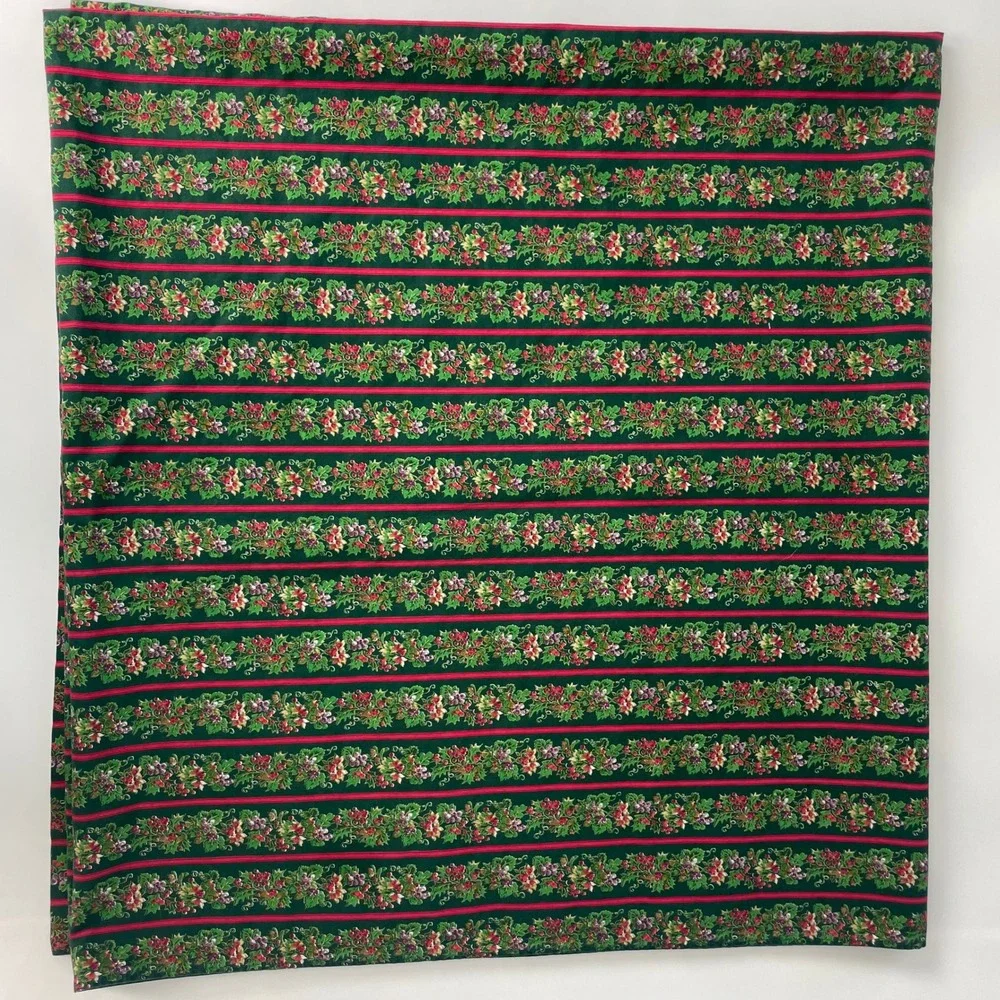 Vintage Christmas Tablecloth Stripes Holly Berry Green Red Rectangular Handmade
